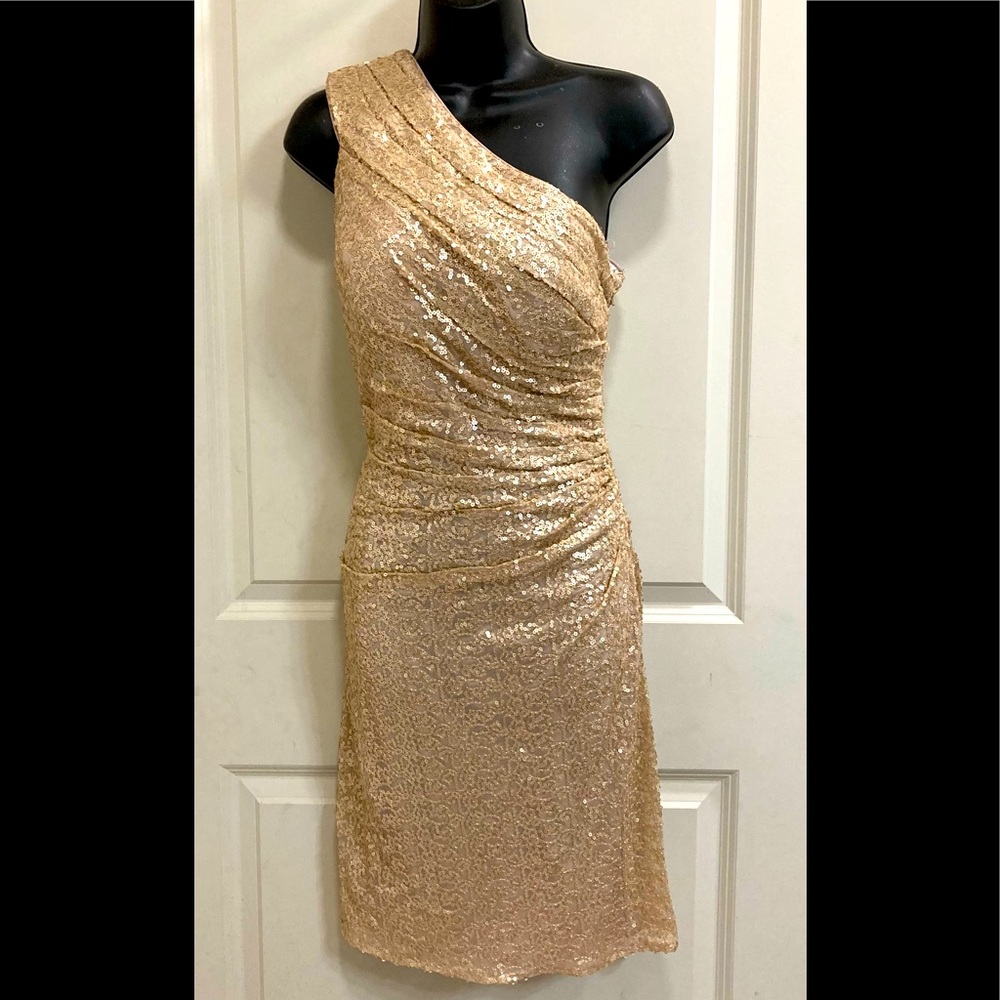 Bill Levkoff gold sequin stretch fabric dress